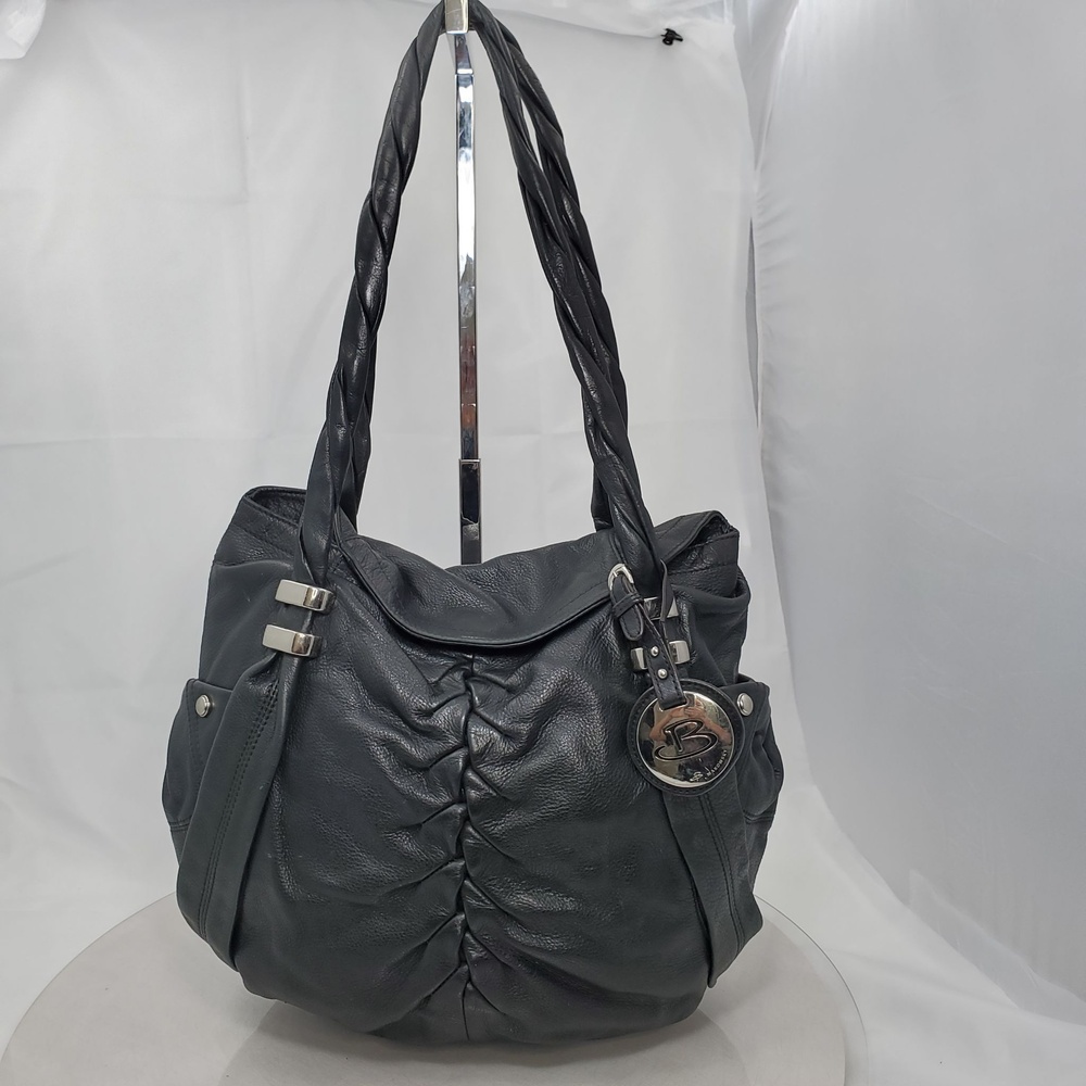 Vintage 2006 B Makowsky Black Leather Large Hobo Bag Ruched Pleated Braids Strap
